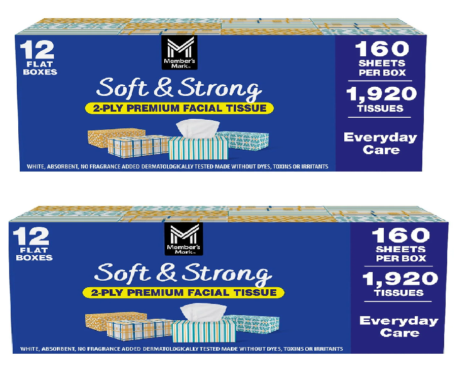 2 packMember’s Mark Soft & Strong 2-Ply Facial Tissues 12 Boxes 160 Ct Each Box.