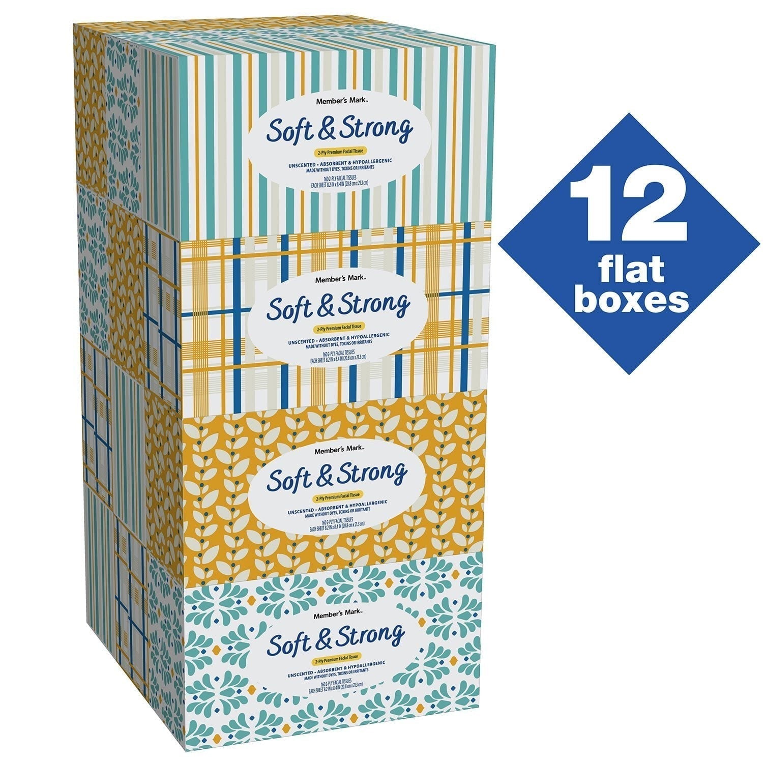 2 packMember’s Mark Soft & Strong 2-Ply Facial Tissues 12 Boxes 160 Ct Each Box.